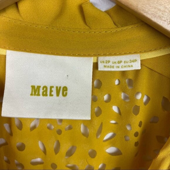Anthropologie‎ Maeve Mustard Yellow Laser Cut Out Tie Neck Blouse Size 2 Petite - Picture 4 of 16
